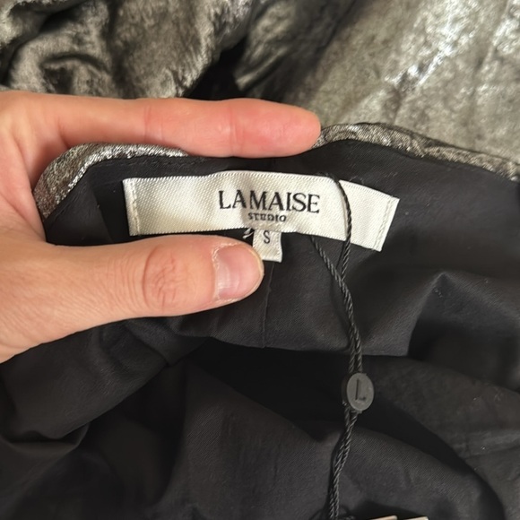 La Maise- NWT Metallic Silver Ruched Dropwaist Midi Foil Dress - Picture 6 of 9